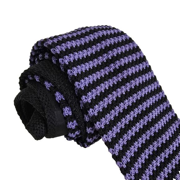 Chaps Knit Skinny Tie Black Purple Striped Mens Handmade Neckwear Square Tip - Picture 3 of 12